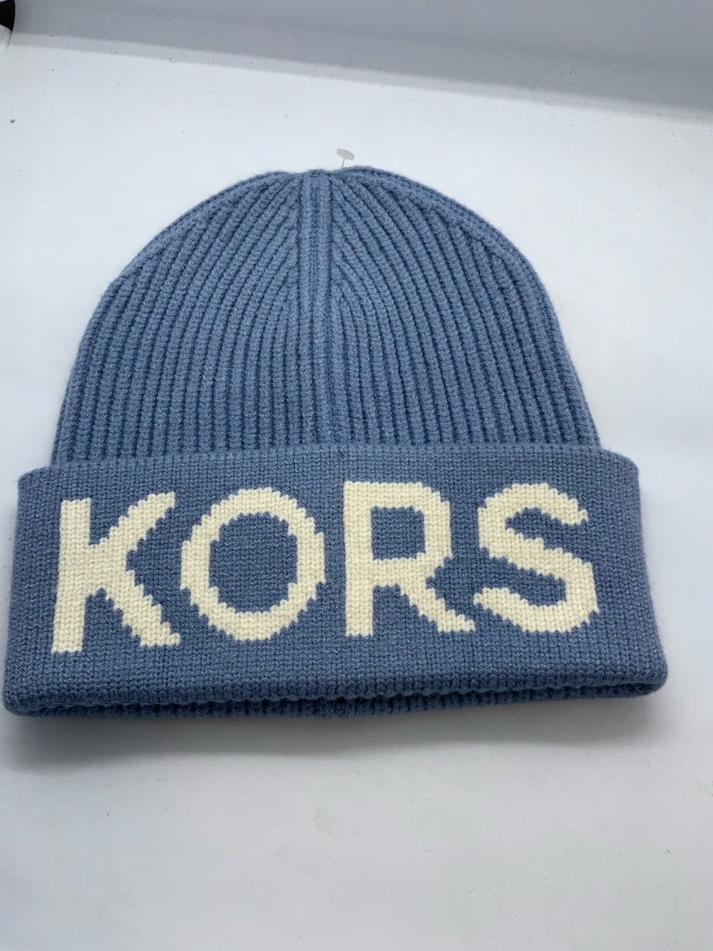 Michael Kors Knit Beanie Hat in Dusty Blue with Cream Logo